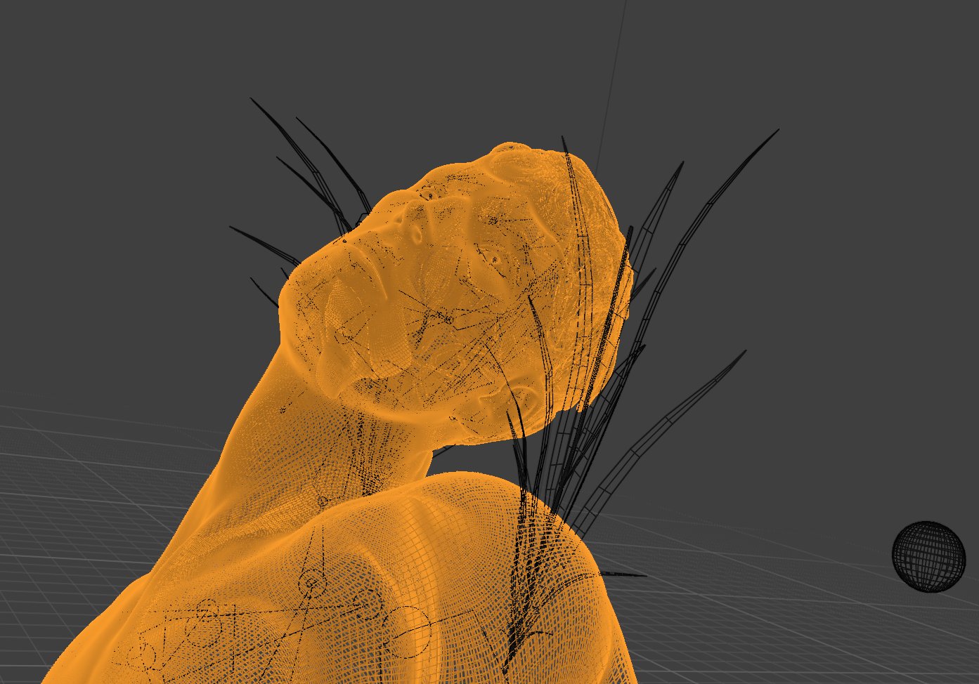 A selected digital figure appears as an orange mesh in a 3D workspace