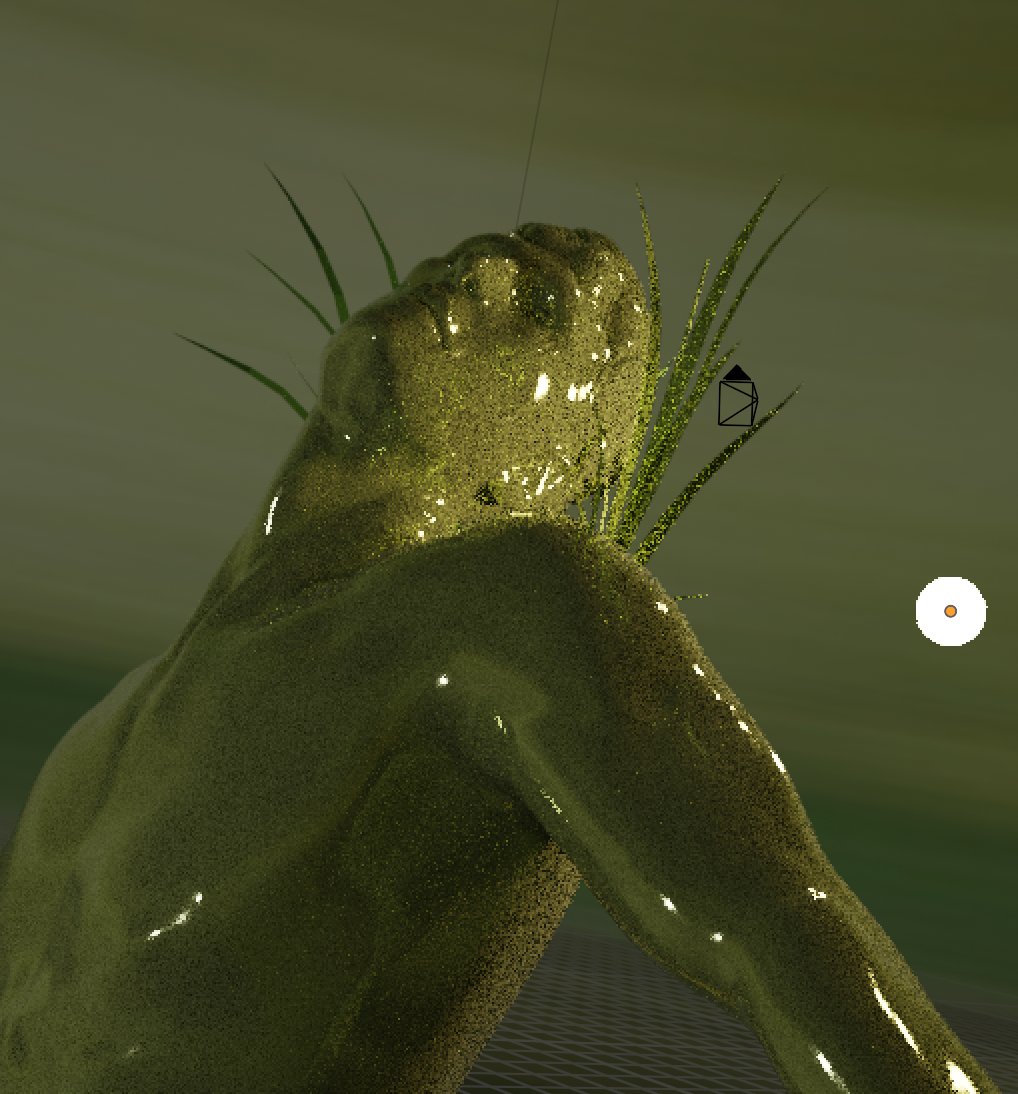 A reflective green figure appears under lighting in a 3D workspace