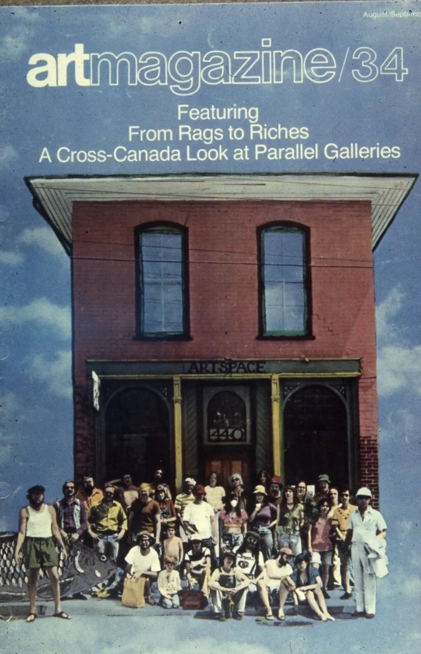 A magazine cover titled artmagazine 34 shows a large group of people in front of a red brick building with ARTSPACE over the door.