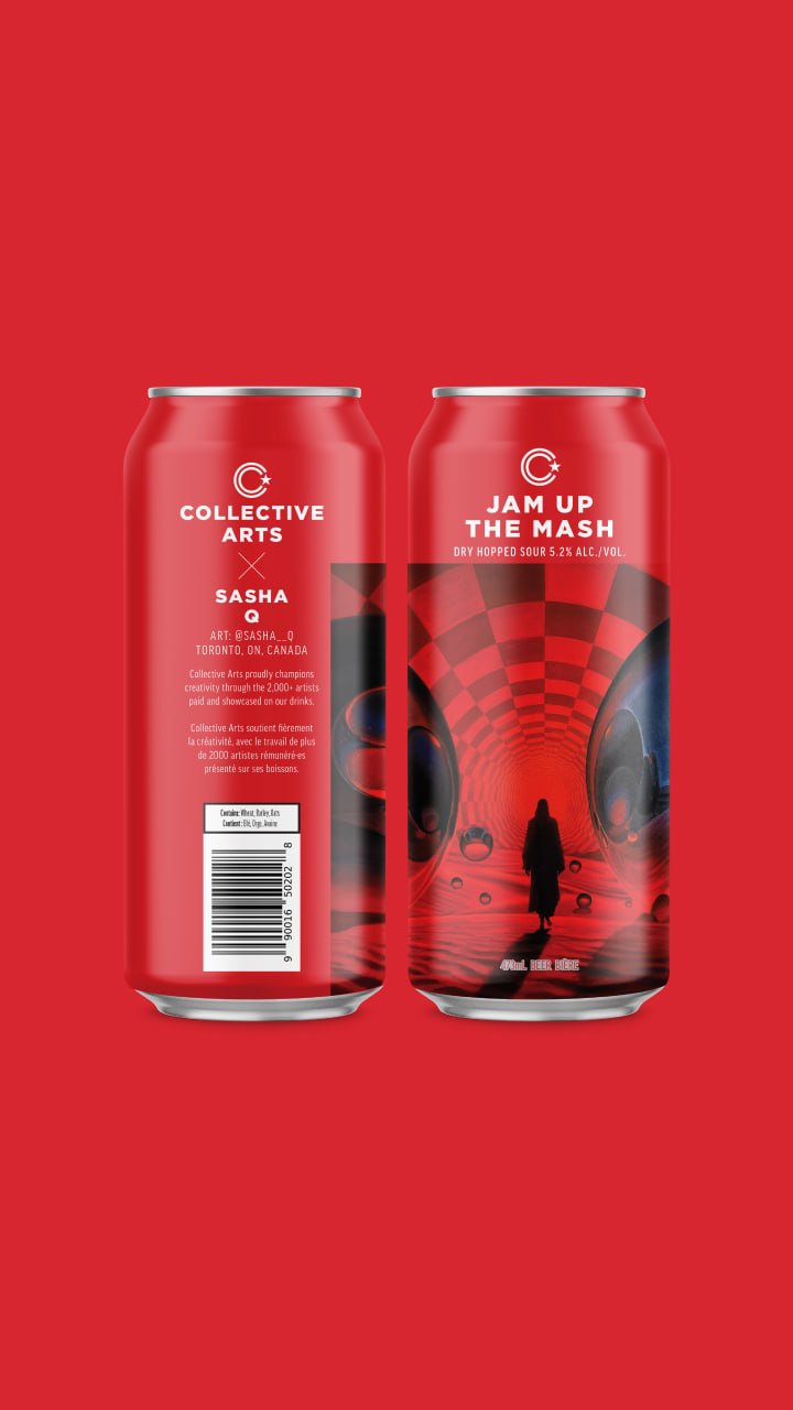 Front and back of a red Collective Arts can, Jam Up the Mash, with Sasha's painting of a figure walking into a red checkered tunnel.