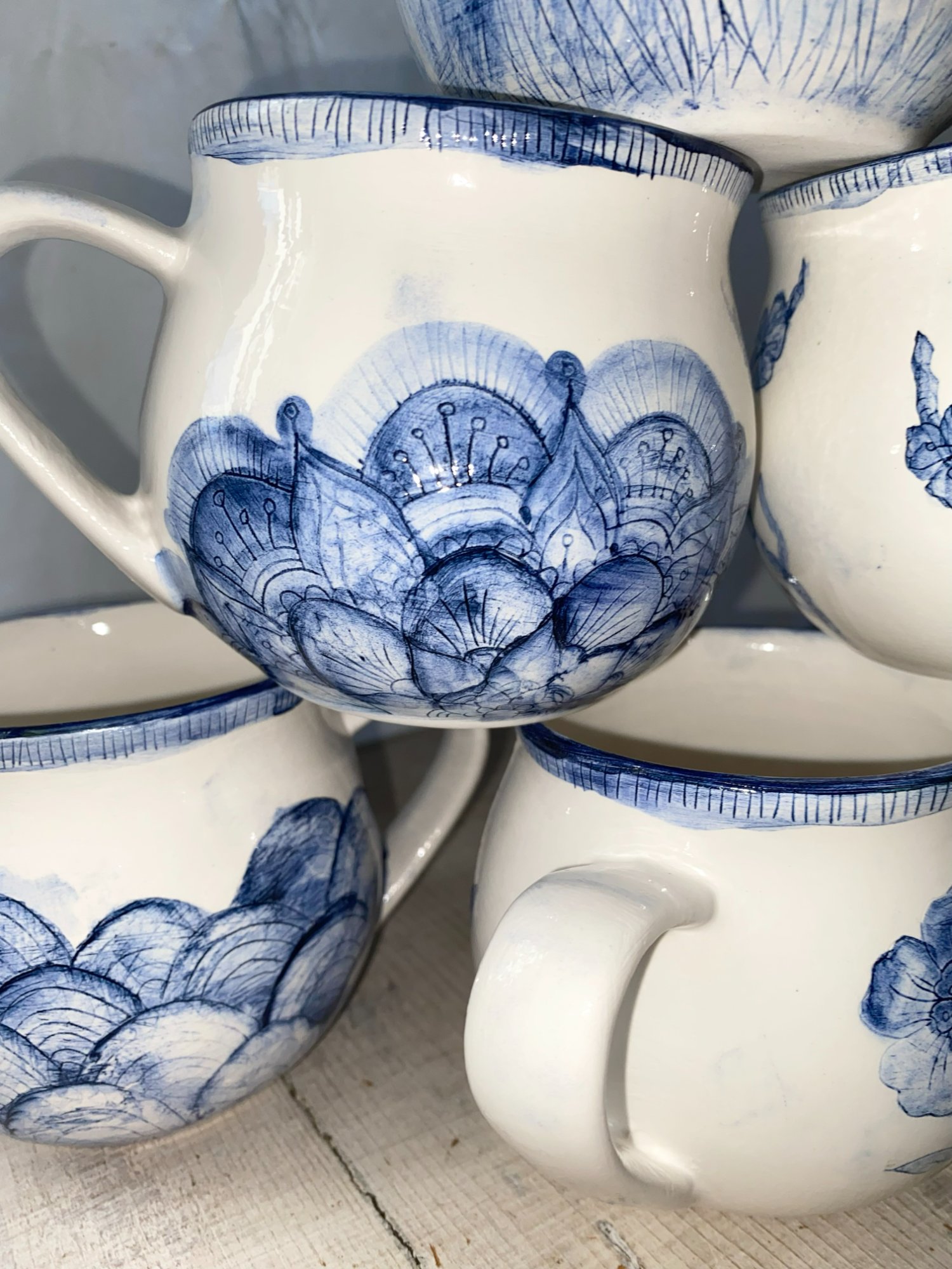 Blue and white mugs