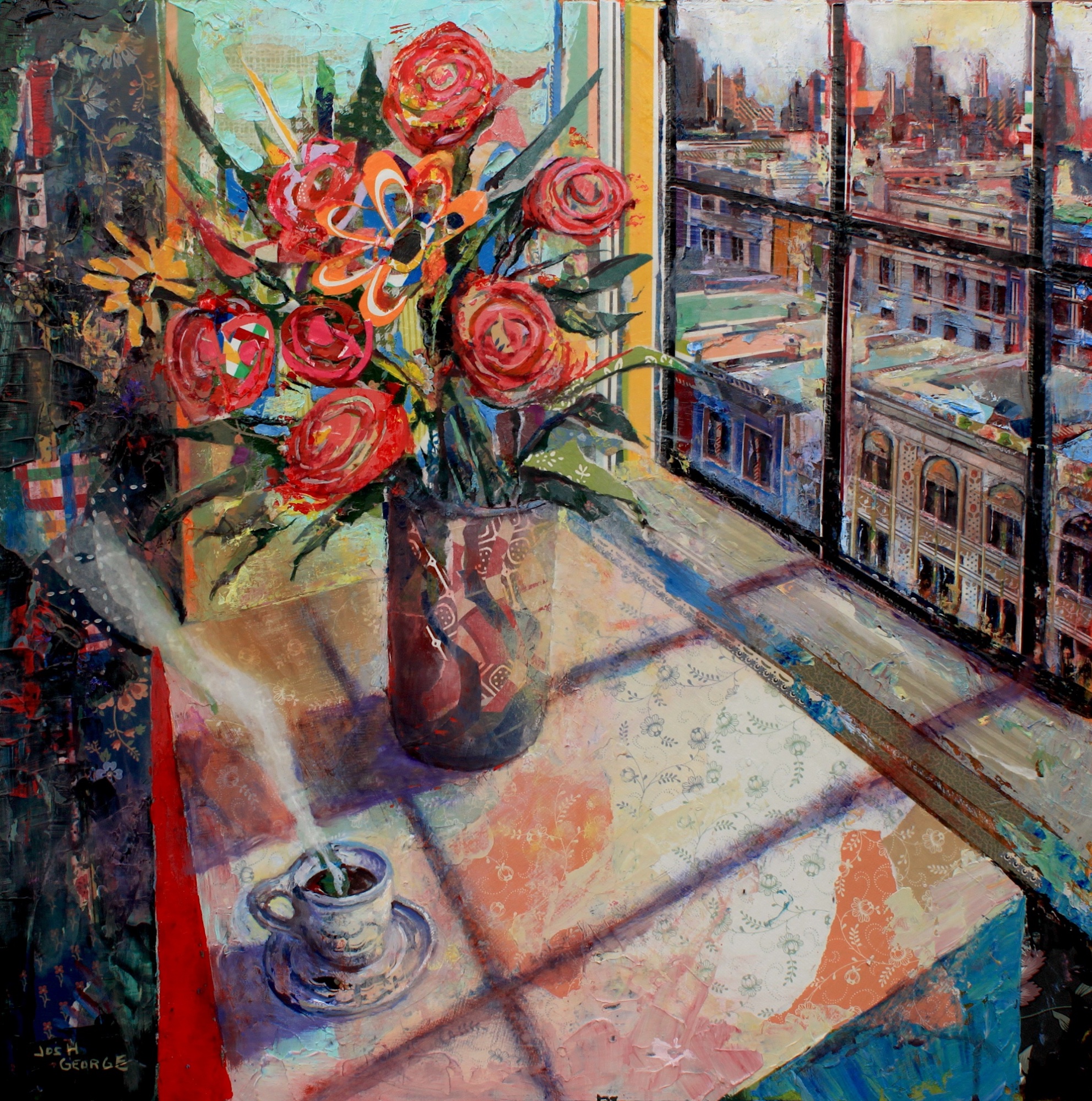 "Flowers in front of a Window in Front of the City"